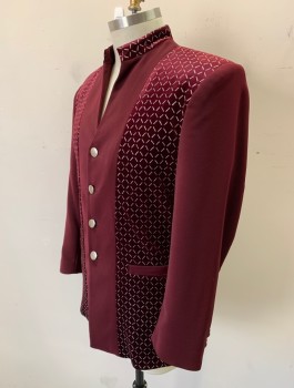 IL CANTO, Red Burgundy, Silver, Polyester, Geometric, Solid, Nehru Jacket, Burgundy Solid Poly with Burgundy Velvet Panels at Front and Stand Collar with Silver Metallic Dashed Squares Pattern, 4 Silver Buttons, 2 Welt Pockets