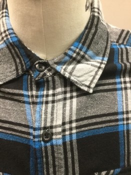 VAL SURF, Black, White, Blue, Cotton, Plaid, Flannel, Long Sleeve Button Front, Collar Attached, 2 Pockets with Button Flap Closures, **Has a Double