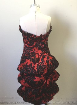 Womens, Cocktail Dress, VICKY TIEL, Black, Red, Silk, Floral, W:26, B:32, H:34, Red and Black Floral Silk, Strapless, Sweetheart Bustline with Self Ruffled Edge, Sheath Fit with Dramatic 3D Bows at Center Back Waist and Hip, Draped Layer at Front Hem with Ruching at Center, Hem Below Knee, High End/Designer