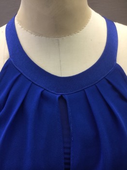 Womens, Cocktail Dress, BEBE, Royal Blue, Rayon, Nylon, Solid, S, Stretchy Body-con Club Dress, Sleeveless, with Horizontal Ribbed Texture, Pleated Royal Blue Chiffon Overlay Attached at Neck, Hem Mini