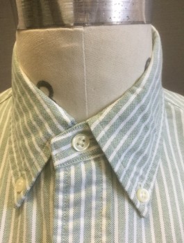 RALPH LAUREN POLO, Lt Green, White, Cotton, Stripes - Vertical , Oxford Weave, Long Sleeve Button Front, Collar Attached, Button Down Collar, Embroidered Polo Logo on Chest