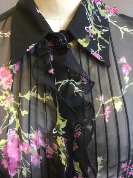 POSITIVE ATTITUDE, Black, Gray, White, Pink, Magenta Pink, Polyester, Floral, Collar Attached, 3/4 Sleeves, Button Front, Ruffled Placket, Pin Tucks, Sheer