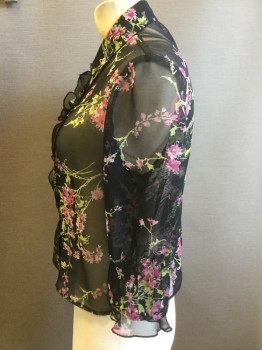 POSITIVE ATTITUDE, Black, Gray, White, Pink, Magenta Pink, Polyester, Floral, Collar Attached, 3/4 Sleeves, Button Front, Ruffled Placket, Pin Tucks, Sheer