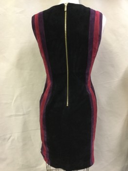 Womens, Cocktail Dress, CALVIN KLEIN, Black, Plum Purple, Dk Red, Synthetic, Polyester, Stripes - Vertical , 10, Black with Plum, Dark Red Vertical Stripes Ultra Suede,  Black Lining, Round Neck,  Sleeveless, Gold Exposed Zip Back,
