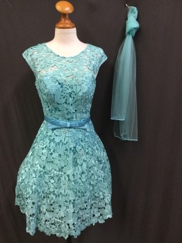 Womens, Cocktail Dress, MAY QUEEN , Sea Foam Green, Lt Blue, Cotton, Polyester, Floral, Solid, 6, (2 Pc, Dress & Matching Scarf) Sea Foam with Blue Sky Lining & 1" Belt with Self Bow Attached,  Clear & Light Blue Rhinestones Through Out,  Round Neck,  Cap Sleeves, Flair Bottom, Zip Back, Scarf:  Sea Foam Netting with Sea Foam Beads Trim