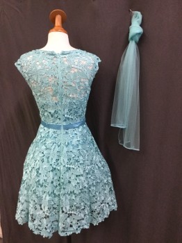 Womens, Cocktail Dress, MAY QUEEN , Sea Foam Green, Lt Blue, Cotton, Polyester, Floral, Solid, 6, (2 Pc, Dress & Matching Scarf) Sea Foam with Blue Sky Lining & 1" Belt with Self Bow Attached,  Clear & Light Blue Rhinestones Through Out,  Round Neck,  Cap Sleeves, Flair Bottom, Zip Back, Scarf:  Sea Foam Netting with Sea Foam Beads Trim