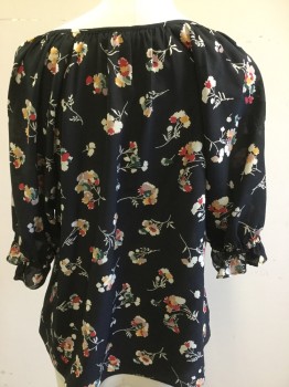 MADEWELL, Black, Red, White, Gold, Teal Blue, Silk, Floral, V-neck, Short Sleeves W/elastic and Ruffle