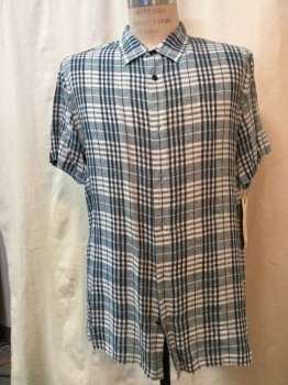 VINCE, Teal Blue, White, Black, Linen, Plaid, Teal Blue/ White/ Black Plaid, Button Front, Collar Attached, Short Sleeves,