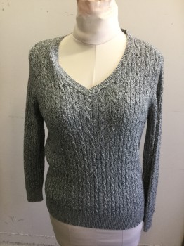 Womens, Pullover, KAREN SCOTT, Black, White, Cotton, Heathered, M, V-neck, Long Sleeves, Ribbed Cable Knit