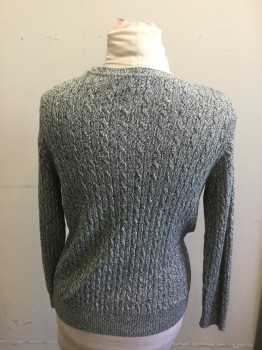 Womens, Pullover, KAREN SCOTT, Black, White, Cotton, Heathered, M, V-neck, Long Sleeves, Ribbed Cable Knit