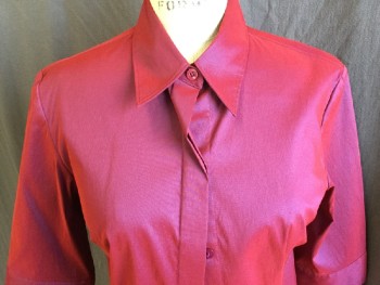 Womens, Blouse, EXPRESS, Iridescent Red, Polyester, Nylon, Solid, 6, Collar Attached, Hidden Button Front, 3/4 Sleeves with Cuff and 1 Button & Loop Hole
