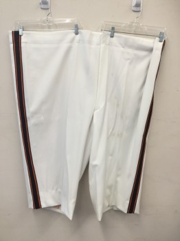 MTO, White, Polyester, Solid, MARCHING BAND UNIFORM for WALKABOUT:  Zip Fly, Flat Front, Black Side Seam Stripes with Orange Stripe Detail, Suspender Buttons, Brown Stains on Front