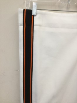 Unisex, Bottom, MTO, White, Polyester, Solid, W: 74, MARCHING BAND UNIFORM for WALKABOUT:  Zip Fly, Flat Front, Black Side Seam Stripes with Orange Stripe Detail, Suspender Buttons, Brown Stains on Front