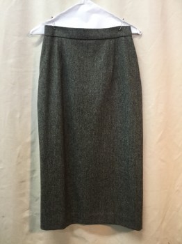 Womens, Skirt, Below Knee, NL, Black, Lt Gray, Wool, Herringbone, W26, Pencil Cut, Chunky Metal Zipper at Center Back with Curved Cut Away Slit at Hemline. Double Available