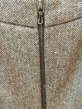 Womens, Skirt, Below Knee, NL, Black, Lt Gray, Wool, Herringbone, W26, Pencil Cut, Chunky Metal Zipper at Center Back with Curved Cut Away Slit at Hemline. Double Available