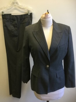 ANNE KLEIN, Gray, Off White, Polyester, Wool, Stripes - Pin, SB, Button, Peaked Lapel, Hand Picked Collar/Lapel, Plain Weave,