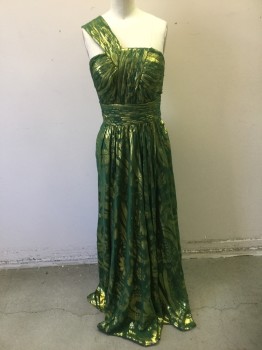 AIDAN MATTOX, Moss Green, Gold, Silk, Lurex, Abstract , Paisley/Swirls, Moss with Gold Metallic Abstract Paisley Pattern, Sleeveless, Asymmetric 1 Shoulder Strap, Bust, Shoulder Strap and Waist Band are Tightly Pleated with Draped/Wrapped Detail, Floor Length Hem