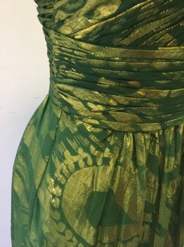 AIDAN MATTOX, Moss Green, Gold, Silk, Lurex, Abstract , Paisley/Swirls, Moss with Gold Metallic Abstract Paisley Pattern, Sleeveless, Asymmetric 1 Shoulder Strap, Bust, Shoulder Strap and Waist Band are Tightly Pleated with Draped/Wrapped Detail, Floor Length Hem