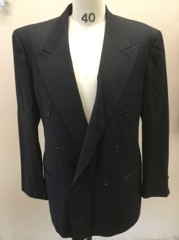 Mens, Suit, Jacket, MANI, Navy Blue, Gray, Wool, Stripes - Pin, Stripes, 40/30, 42 R, Double Breasted, Slit Pockets, Peaked Lapel, Self Diagonal Stripes, Muted Grey Pinstripes