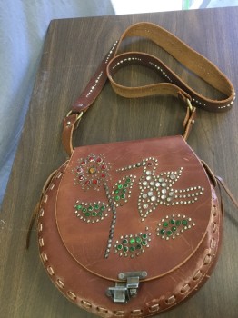 Womens, Purse, H I C   LEATHER, Brown, Sienna Brown, Red, Green, Yellow, Rhinestones, Floral, Animal Print, OS, Round Leather with Flap and Metal Closure, Stud and Rhinestone Flower and Hummingbird Pattern, Cross Over Strap