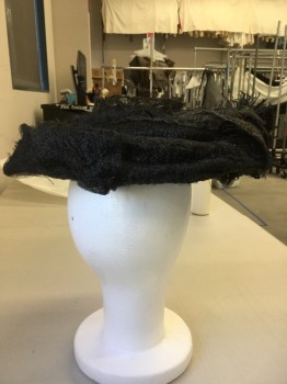 NL, Black, Horsehair, Feathers, Solid, Horsehair Ribbon Hat with Wiring with Ostrich Feather Coquette at Front Right Rosette,