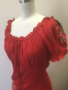 Womens, Dress, Short Sleeve, SUE WONG, Red, Multi-color, Silk, Polyester, Floral, Sz.6, Chiffon with Colorful Floral Embroidery Clustered in Spots Throughout, Short Sleeves, Scoop Neck, Peasant Style Top with Drawstring Neck/Sleeves, Empire Waist, Ankle Length, High/Low Hemline