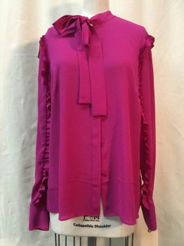 TED BAKER, Magenta Purple, Polyester, Solid, Button Front, Self Tie Neck, Long Sleeves with Ruffle,