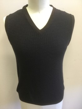 Mens, Sweater Vest, ZANONE, Dk Brown, Navy Blue, Wool, Grid , Dots, L, Textured Knit Dark Brown and Navy Waffle Grid with Raised Brown Square Dots in Centers, Pullover, V-neck