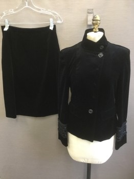 Womens, Suit, Jacket, PIAZZA SEMPIONE, Black, Cotton, Lycra, Solid, B38, 6, Velour, Buttons and Fabric Covered Snaps, Stand Collar, Hand Top Stitching Detail, Trimming Detail at Cuffs