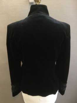 PIAZZA SEMPIONE, Black, Cotton, Lycra, Solid, Velour, Buttons and Fabric Covered Snaps, Stand Collar, Hand Top Stitching Detail, Trimming Detail at Cuffs