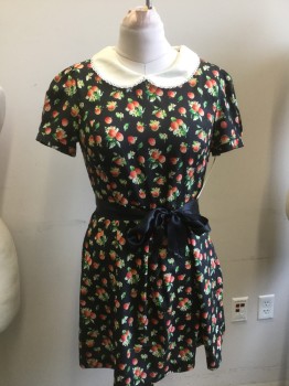 Womens, Dress, Short Sleeve, FOREVER 21, Black, Red, Salmon Pink, White, Green, Polyester, Floral, L, Pleated Skirt, Strawberry Pattern, Short Sleeves, Cream Lacey Peter Pan Collar, Side Zip, with Black Self Tie Belt, Keyhole Back