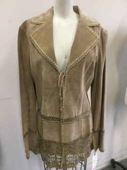 Womens, Leather Jacket, KENNETH COLE, Tan Brown, Suede, Nylon, Solid, 8, Notched Lapel,tan Metallic Crochet Detail,tie Closure