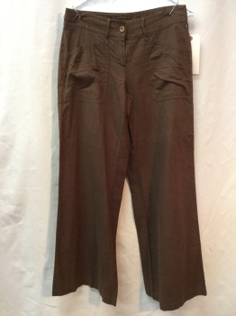 TRACY EVANS, Brown, Linen, Cotton, Solid, Wide Leg, Belt Loops, 2 Pleated Pockets