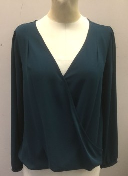 LUSH, Dk Blue, Polyester, Solid, Dark Teal Blue, Chiffon, Long Sleeves, Wrapped Plunging V-neck, High/Low Hem, Lower in Back Than Front **Barcode Hidden at Hem Near Side Seam