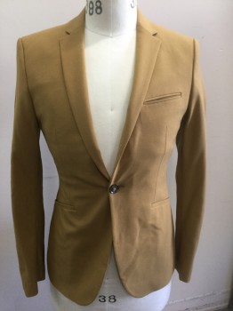 TOP MAN, Turmeric Yellow, Polyester, Viscose, Solid, Single Breasted, Notched Lapel, 1 Button, Slim Lapel, Slim Fit, 3 Pockets, Dark Purple Satin Lining **Has Been Altered/Taken In, Now Fits 36"
