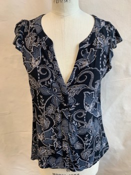 SANTUARY, Black, Steel Blue, Gray, Ecru, Rayon, Floral, Paisley/Swirls, 3/4" Seams Round with Deep V Neck, Hidden Button Front, Elephant Cap Sleeves
