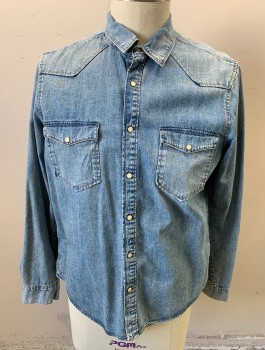 & DENIM, Denim Blue, Cotton, Solid, Chambray, Western Style Shirt, Long Sleeve, Snap Front, Collar Attached, Cream Snaps, 2 Pockets with Flaps, Western Style Yoke