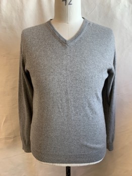 Mens, Pullover Sweater, J CREW, Heather Gray, Cashmere, L, V-neck, Ribbed Knit Neck/Waistband/Cuff, Long Sleeves