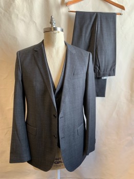 Mens, Suit, Jacket, HUGO BOSS, Charcoal Gray, Wool, Birds Eye Weave, 44L, Single Breasted, Collar Attached, Notched Lapel, Hand Picked Collar/Lapel, 3 Pockets, 2 Buttons