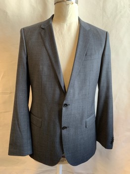 Mens, Suit, Jacket, HUGO BOSS, Charcoal Gray, Wool, Birds Eye Weave, 44L, Single Breasted, Collar Attached, Notched Lapel, Hand Picked Collar/Lapel, 3 Pockets, 2 Buttons