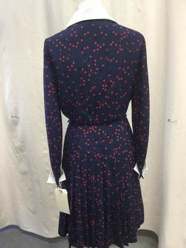 MAGGY, Navy Blue, Red, Polyester, Polka Dots, White Collar & Cuffs, Button Front Placket, Zip Front, Pleated Detail, Drop Pleated Skirt, Long Sleeves,