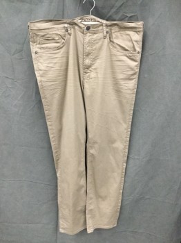 Mens, Casual Pants, BUFFALO, Khaki Brown, Cotton, Spandex, Solid, 42/34, Flat Front, Zip Fly, Jean Style 5 Pockets, Creased Thighs