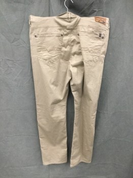 Mens, Casual Pants, BUFFALO, Khaki Brown, Cotton, Spandex, Solid, 42/34, Flat Front, Zip Fly, Jean Style 5 Pockets, Creased Thighs
