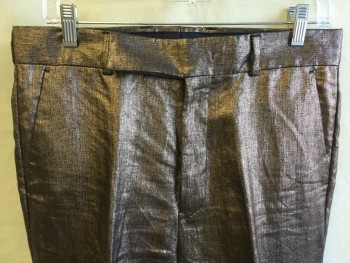 PAUL SMITH, Metallic, Pink, Black, Copper Metallic, Linen, Heathered, Pants: 2" Waistband with Belt Hoops, Flat Front, Zip Front, 4 Pockets