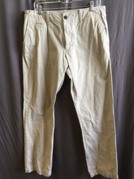 Mens, Casual Pants, OLD NAVY, Lt Khaki Brn, Cotton, Solid, 34/31, Aged, 2" Waistband with Belt Hoops, 5 Pockets, Flat Front, Zip Front, (aged/worn Out Along Zipper & Pocket Trim, Hole on Right Knee)