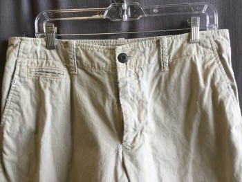 Mens, Casual Pants, OLD NAVY, Lt Khaki Brn, Cotton, Solid, 34/31, Aged, 2" Waistband with Belt Hoops, 5 Pockets, Flat Front, Zip Front, (aged/worn Out Along Zipper & Pocket Trim, Hole on Right Knee)