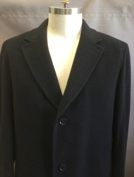 Mens, Coat, Overcoat, HUGO BOSS, Black, Wool, Nylon, Solid, 46, Single Breasted, Notched Lapel, 3 Buttons, 2 Welt Pockets