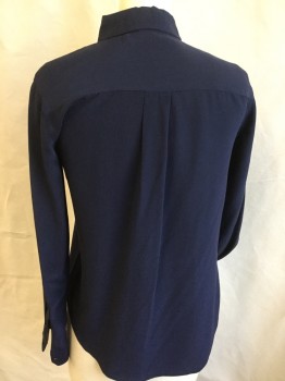 ANN TAYLOR, Navy Blue, Silk, Solid, Collar Attached, Button Front,  1 Pocket, Long Sleeves, Curved Hem