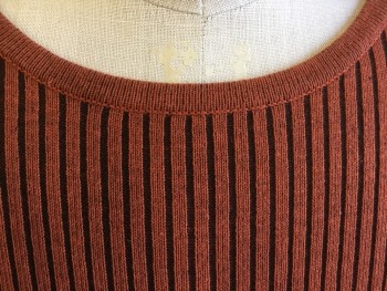 BRANDINI, Burnt Orange, Brown, Polyester, Cotton, Heathered, Stripes - Vertical , Heather Burnt Orange with Brown Vertical Stripes Knit Ribbed, Crew Neck, Long Sleeves,
