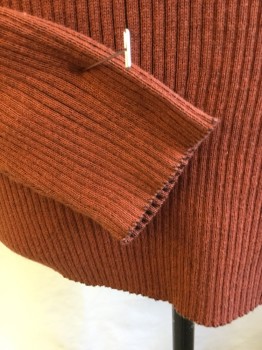 Mens, Pullover Sweater, BRANDINI, Burnt Orange, Brown, Polyester, Cotton, Heathered, Stripes - Vertical , L, Heather Burnt Orange with Brown Vertical Stripes Knit Ribbed, Crew Neck, Long Sleeves,